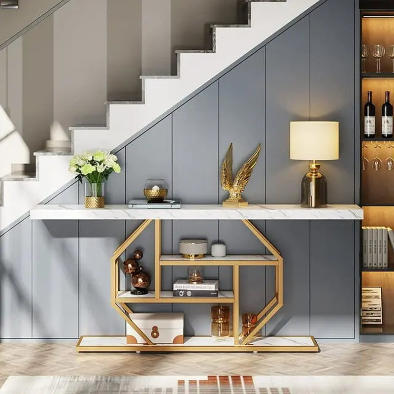 Tribesigns 70.9-Inch Extra Long Gold Console Table with Three Storage Shelves for Enhanced Home Organization