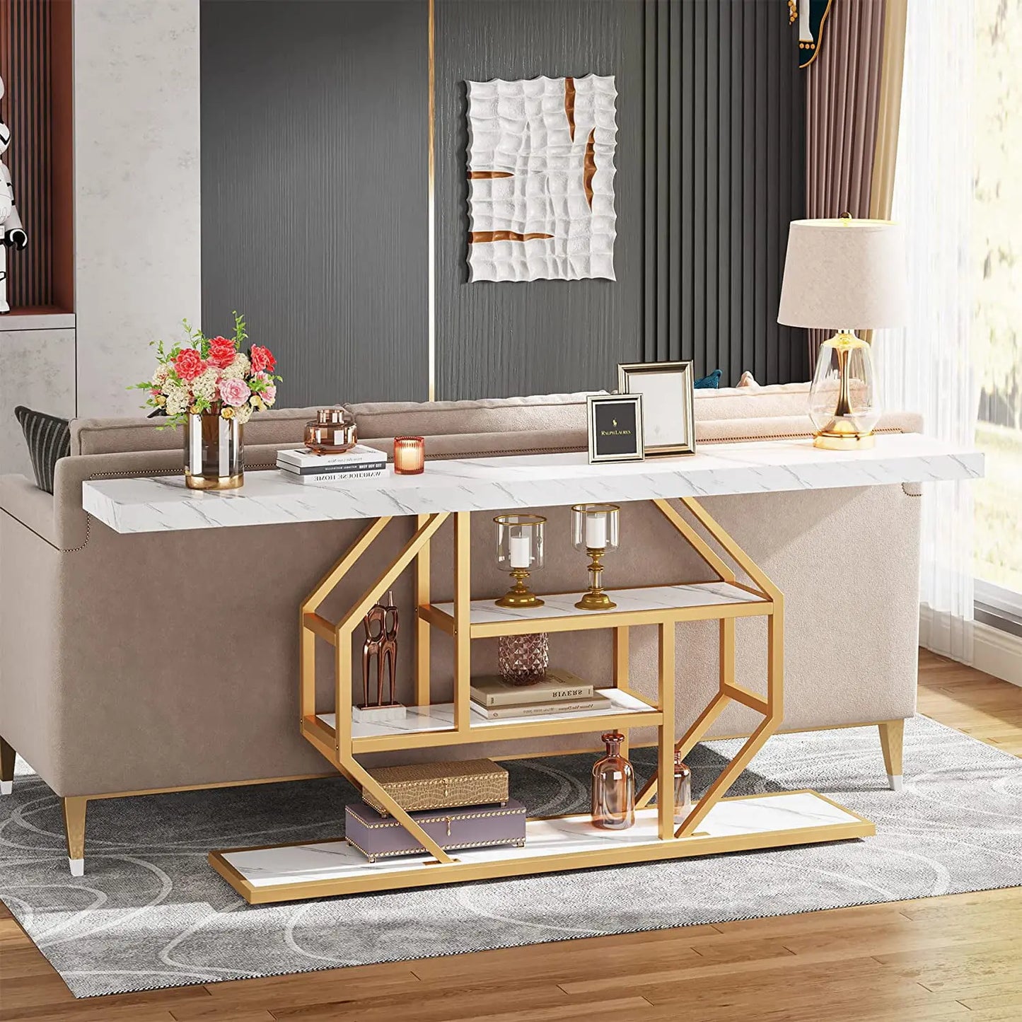 Tribesigns 70.9-Inch Extra Long Gold Console Table with Three Storage Shelves for Enhanced Home Organization