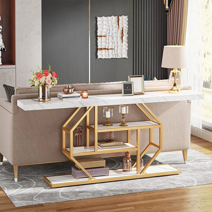 Tribesigns 70.9-Inch Extra Long Gold Console Table with Three Storage Shelves for Enhanced Home Organization