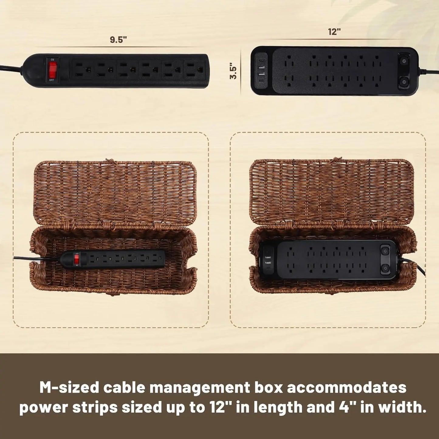 Rattan-Inspired Cord Organizer for Desk - Faux Brown Outlet Cover and Room Organization Solution