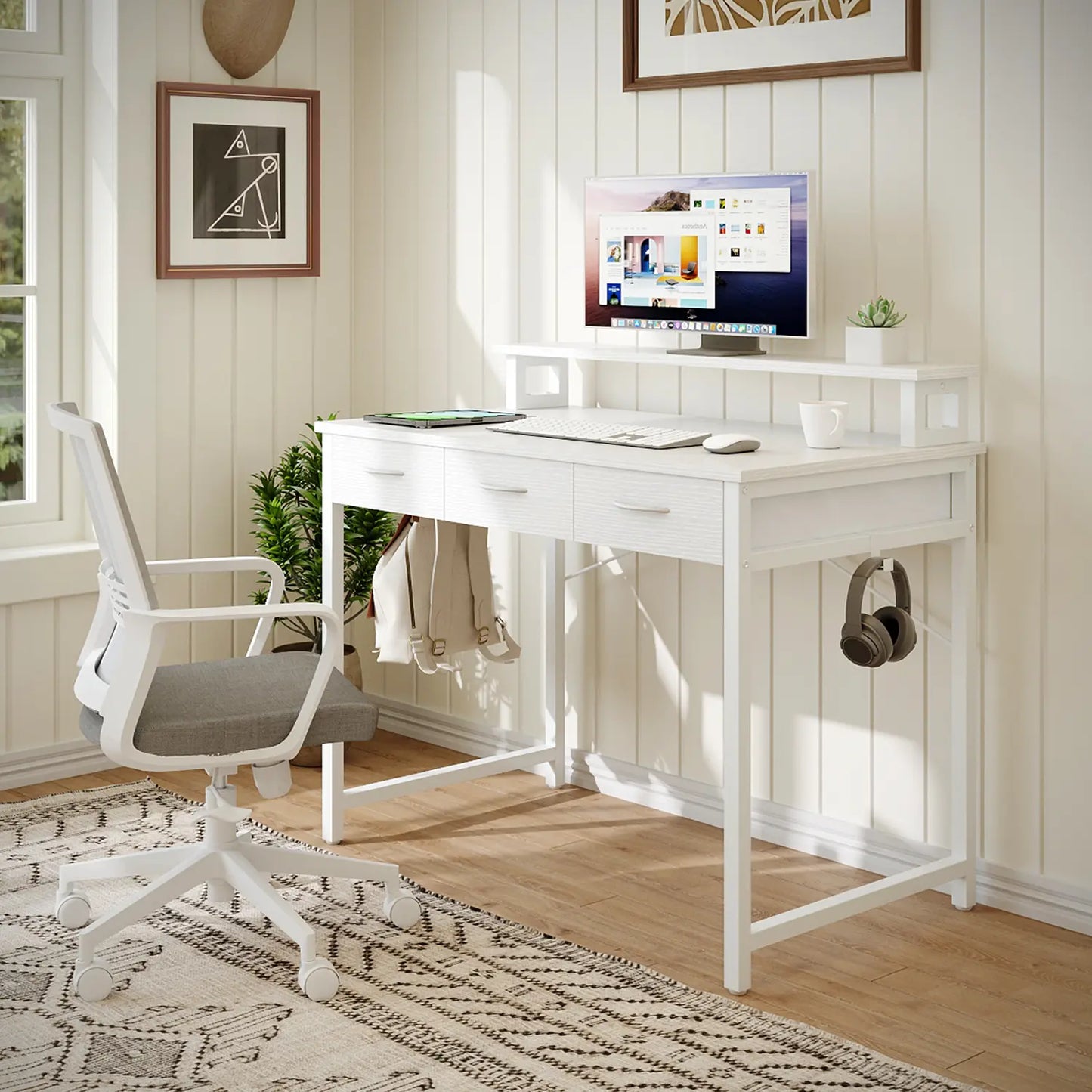 Yitahome Compact Computer Desk with Storage Drawers and Monitor Stand for Limited Spaces, Ideal for Home Office and Study Use