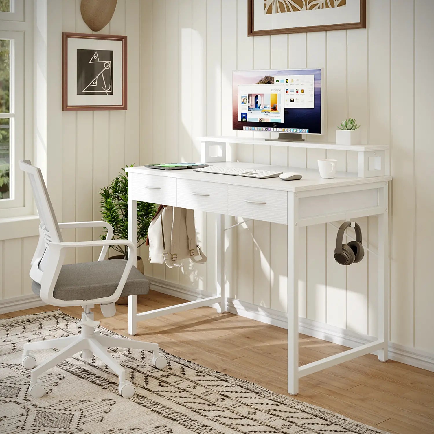 Yitahome Compact Computer Desk with Storage Drawers and Monitor Stand for Limited Spaces, Ideal for Home Office and Study Use