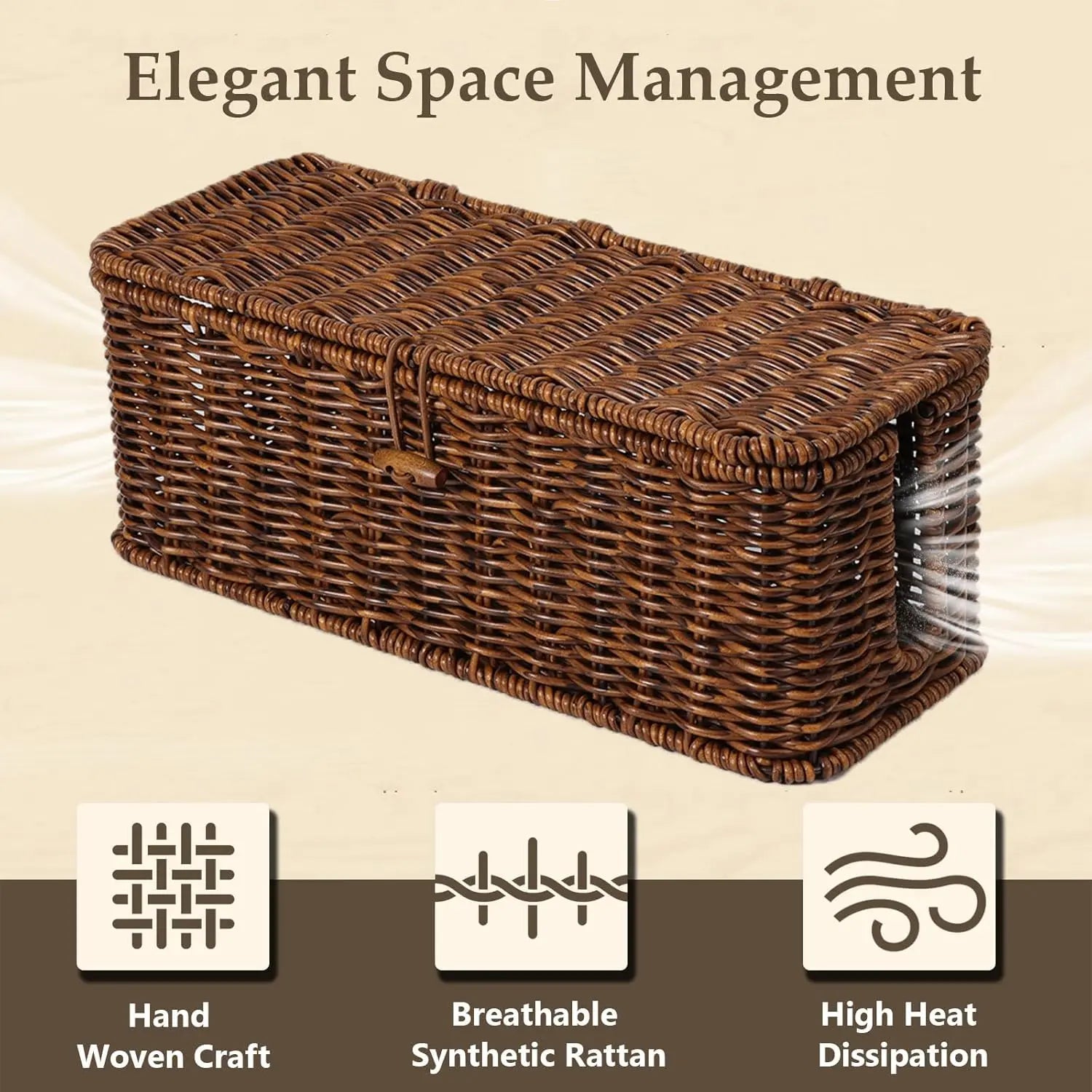 Rattan-Inspired Cord Organizer for Desk - Faux Brown Outlet Cover and Room Organization Solution
