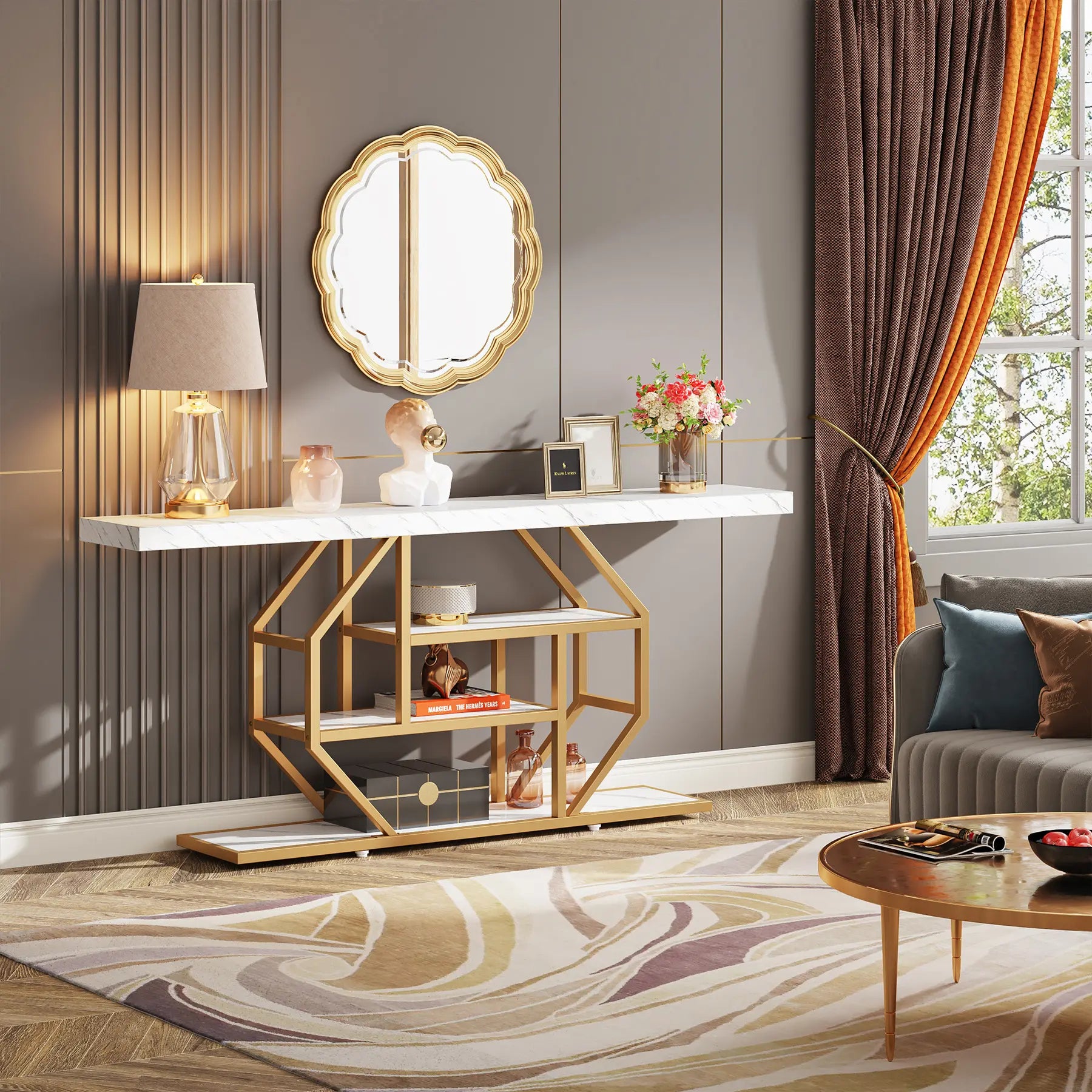 Tribesigns 70.9-Inch Extra Long Gold Console Table with Three Storage Shelves for Enhanced Home Organization