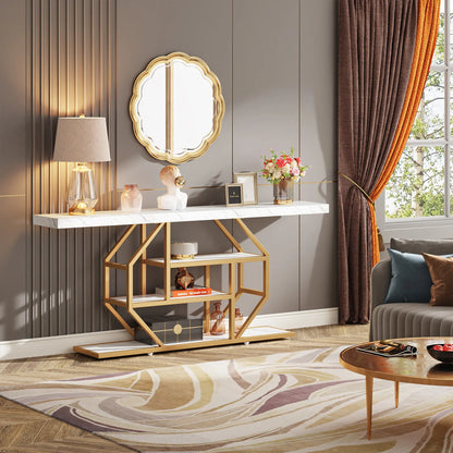 Tribesigns 70.9-Inch Extra Long Gold Console Table with Three Storage Shelves for Enhanced Home Organization