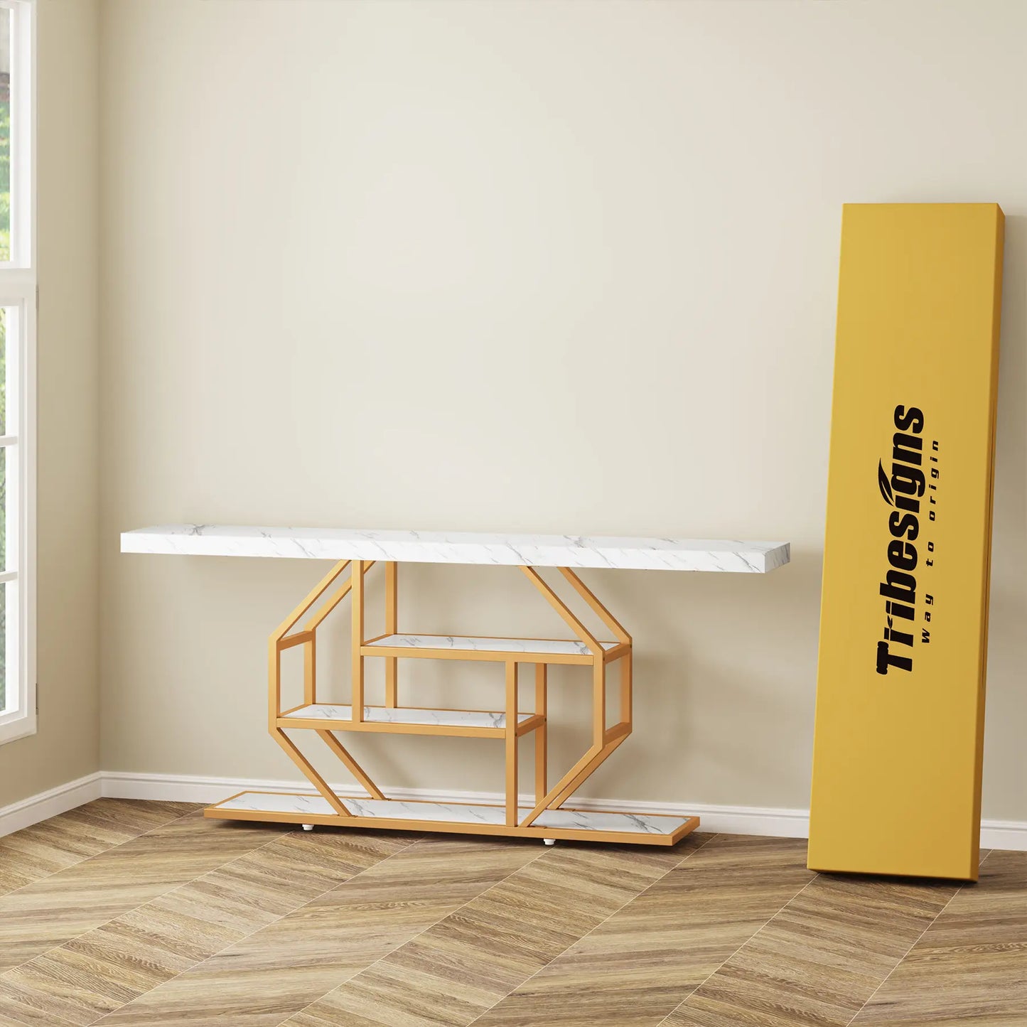 Tribesigns 70.9-Inch Extra Long Gold Console Table with Three Storage Shelves for Enhanced Home Organization