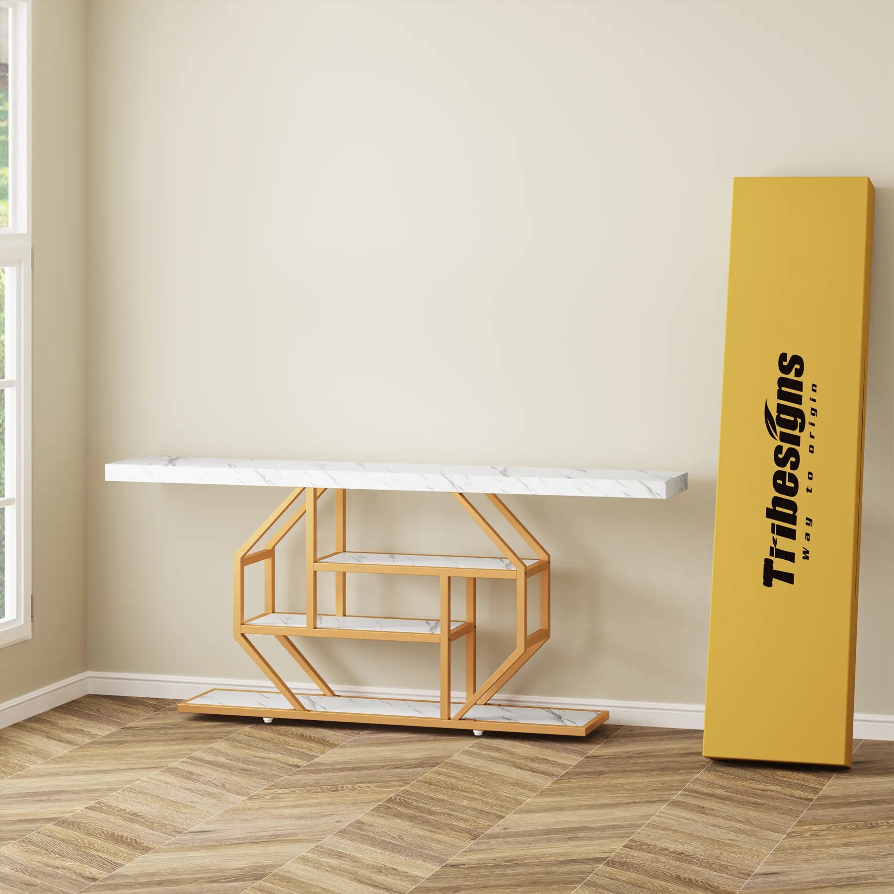 Tribesigns 70.9-Inch Extra Long Gold Console Table with Three Storage Shelves for Enhanced Home Organization