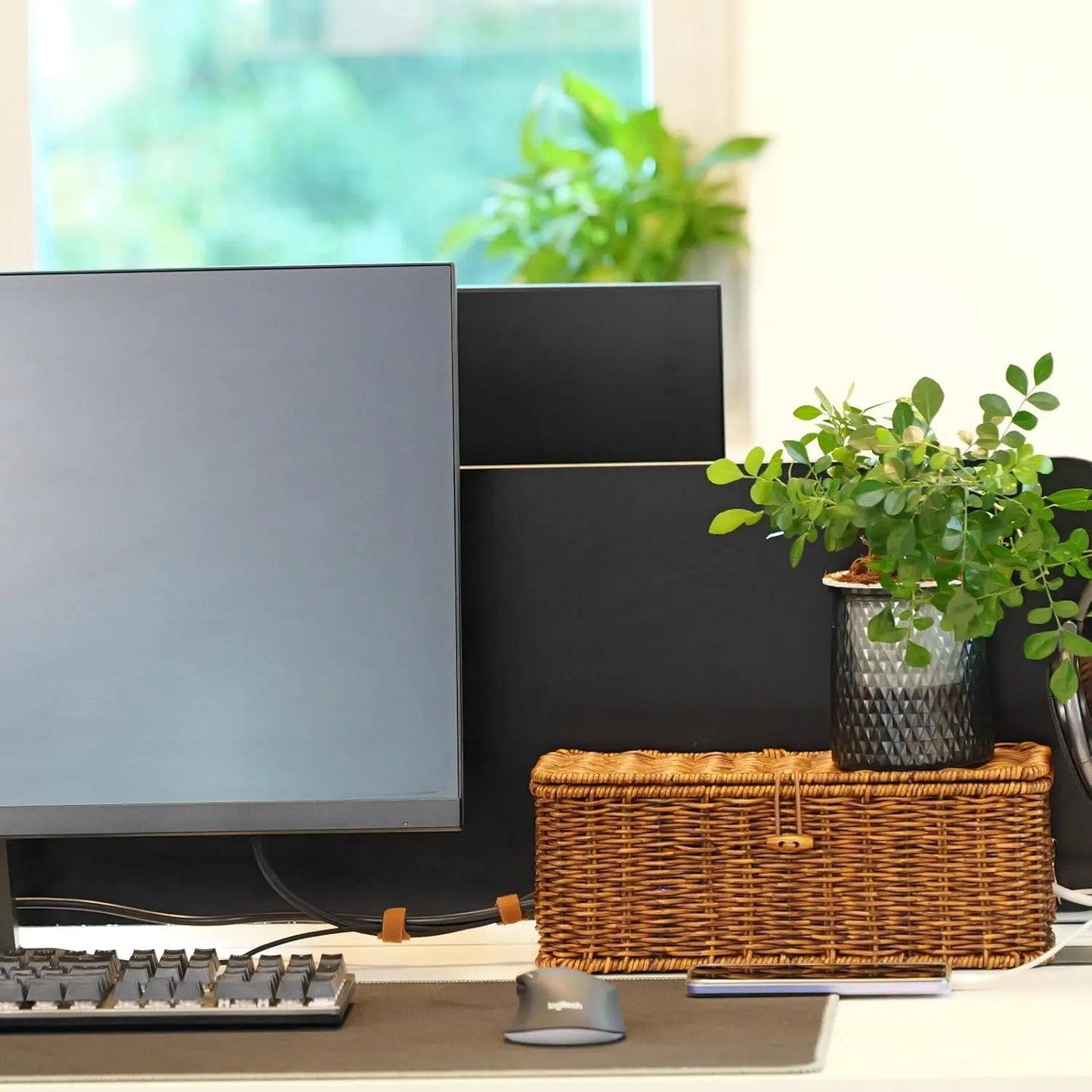 Rattan-Inspired Cord Organizer for Desk - Faux Brown Outlet Cover and Room Organization Solution