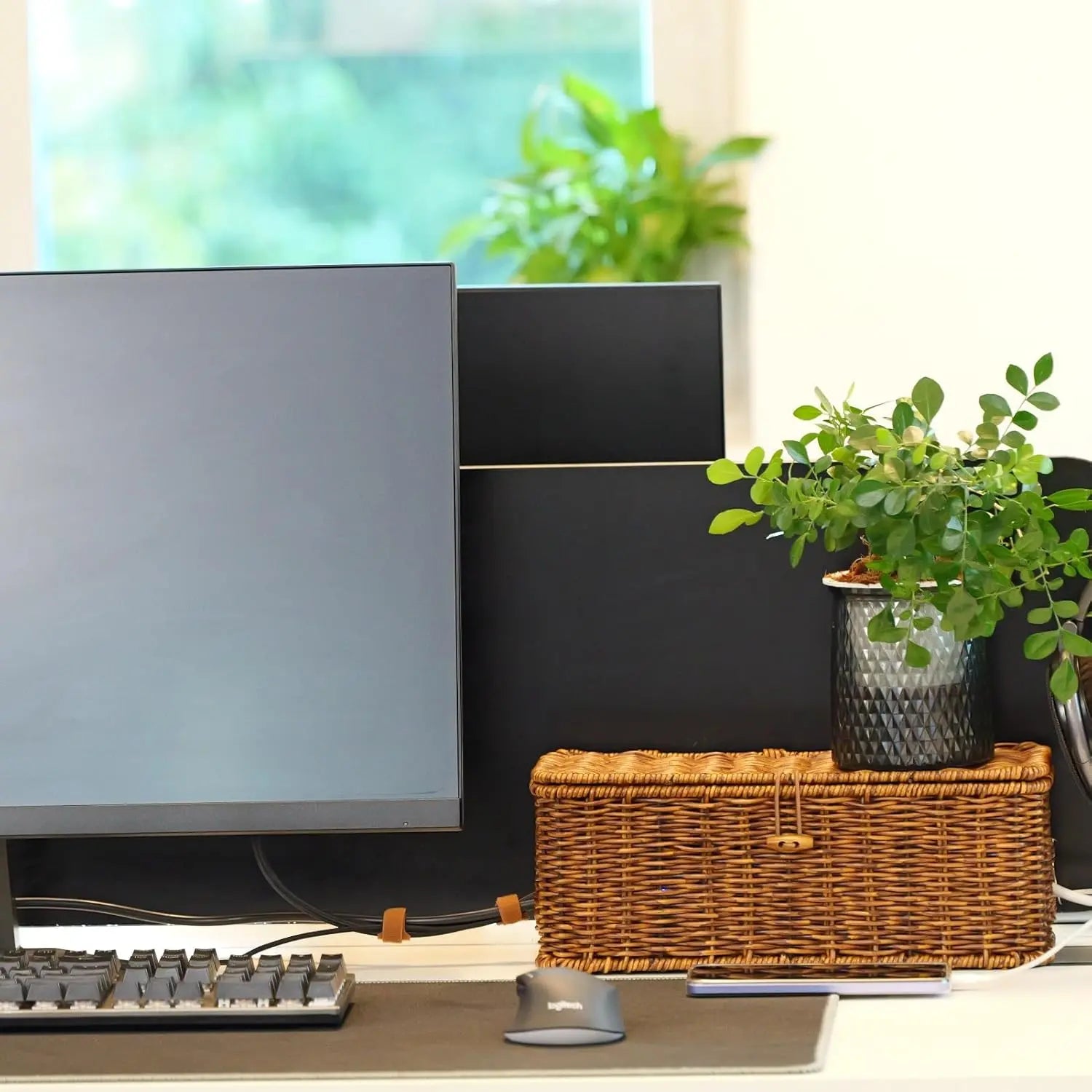Rattan-Inspired Cord Organizer for Desk - Faux Brown Outlet Cover and Room Organization Solution