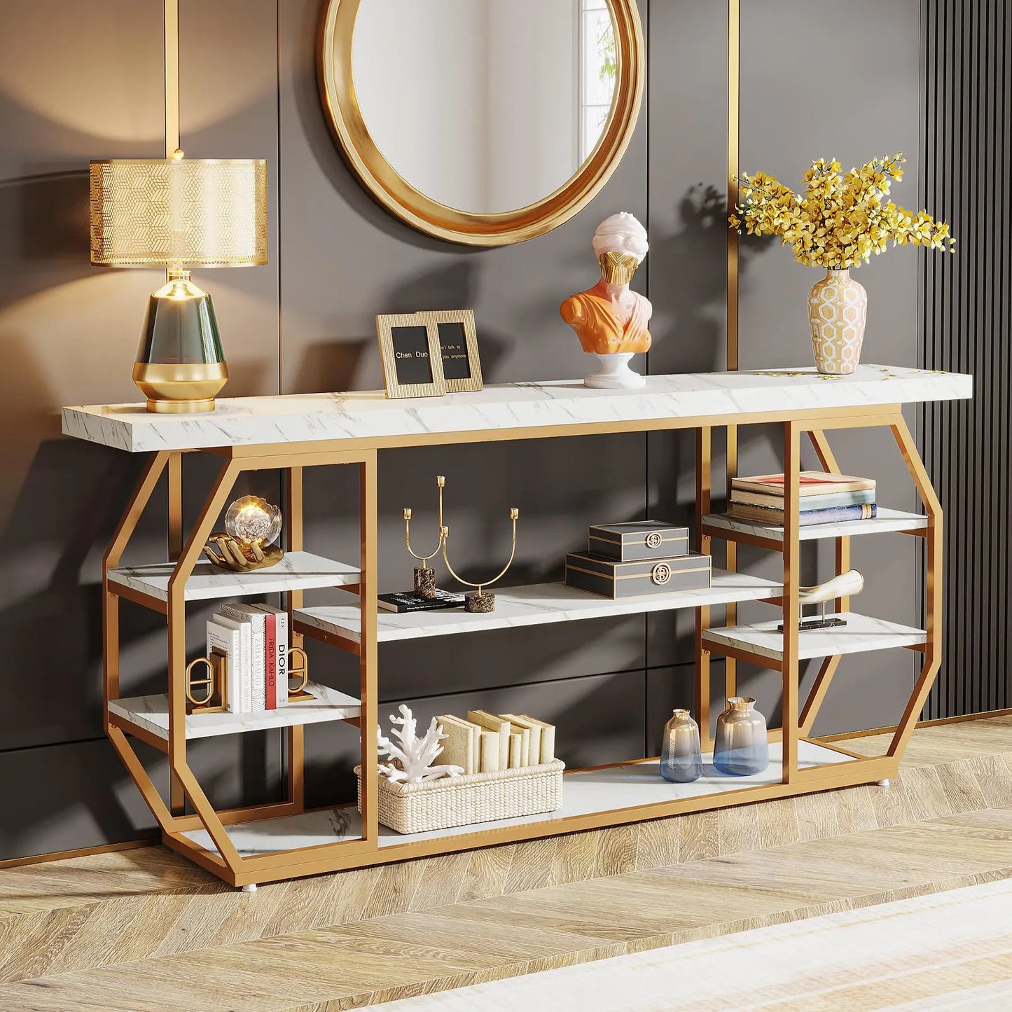 Tribesigns 70.9-Inch Extra Long Gold Console Table with Three Storage Shelves for Enhanced Home Organization