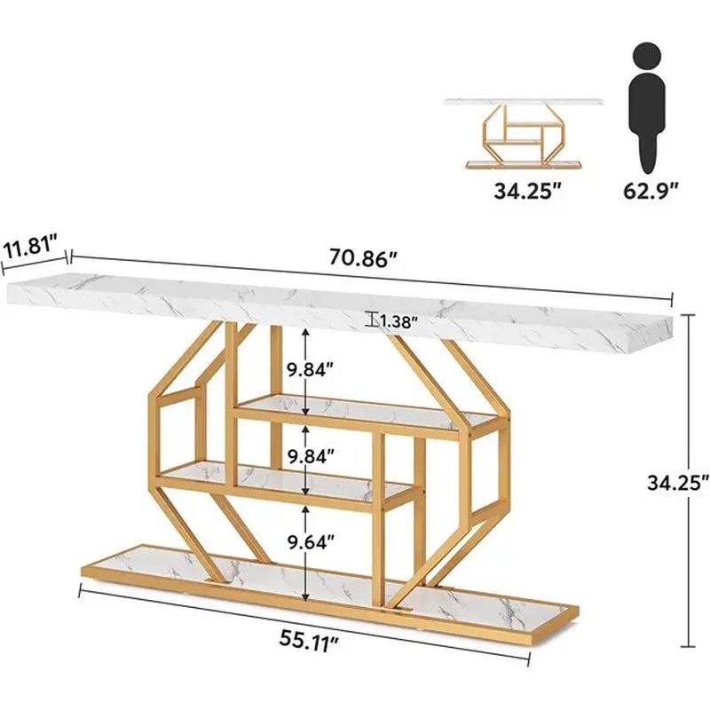 Tribesigns 70.9-Inch Extra Long Gold Console Table with Three Storage Shelves for Enhanced Home Organization