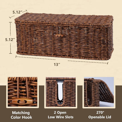 Rattan-Inspired Cord Organizer for Desk - Faux Brown Outlet Cover and Room Organization Solution