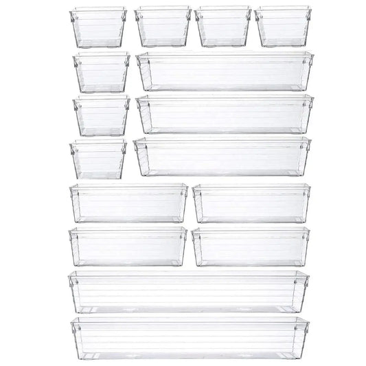 16-Piece Versatile Drawer Organizer Set for Kitchen, Makeup, Bedroom, Office, and Gadgets - Transparent Smooth Storage Trays