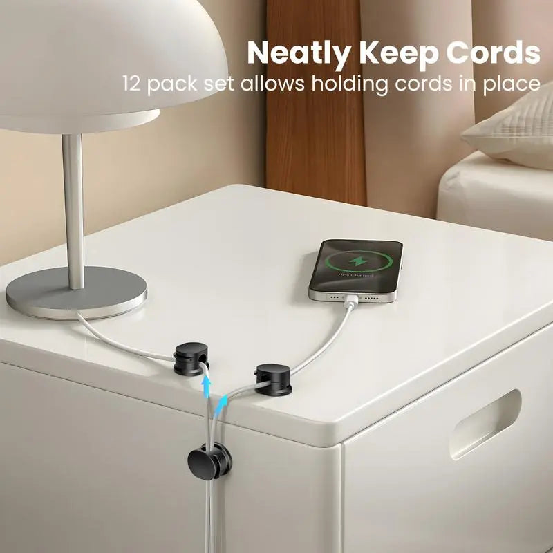 Magnetic Cord Organizer Set of 12 - Adhesive Cable Management Solutions for USB Chargers on Bedside Tables, Walls, and Vehicles - Versatile and User-Friendly