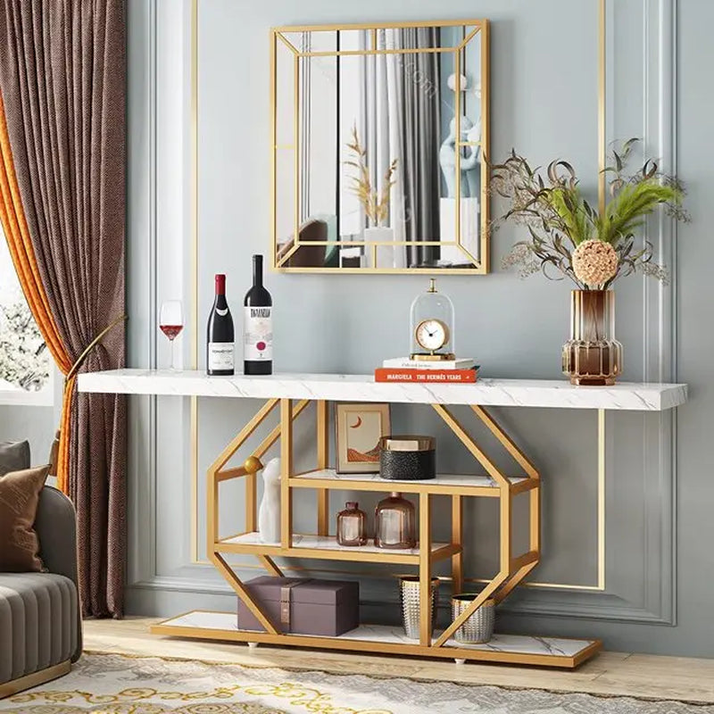 Tribesigns 70.9-Inch Extra Long Gold Console Table with Three Storage Shelves for Enhanced Home Organization