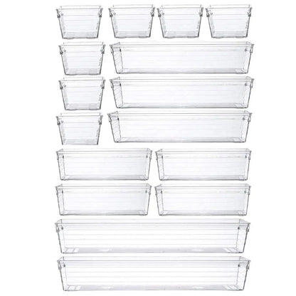 16-Piece Versatile Drawer Organizer Set for Kitchen, Makeup, Bedroom, Office, and Gadgets - Transparent Smooth Storage Trays