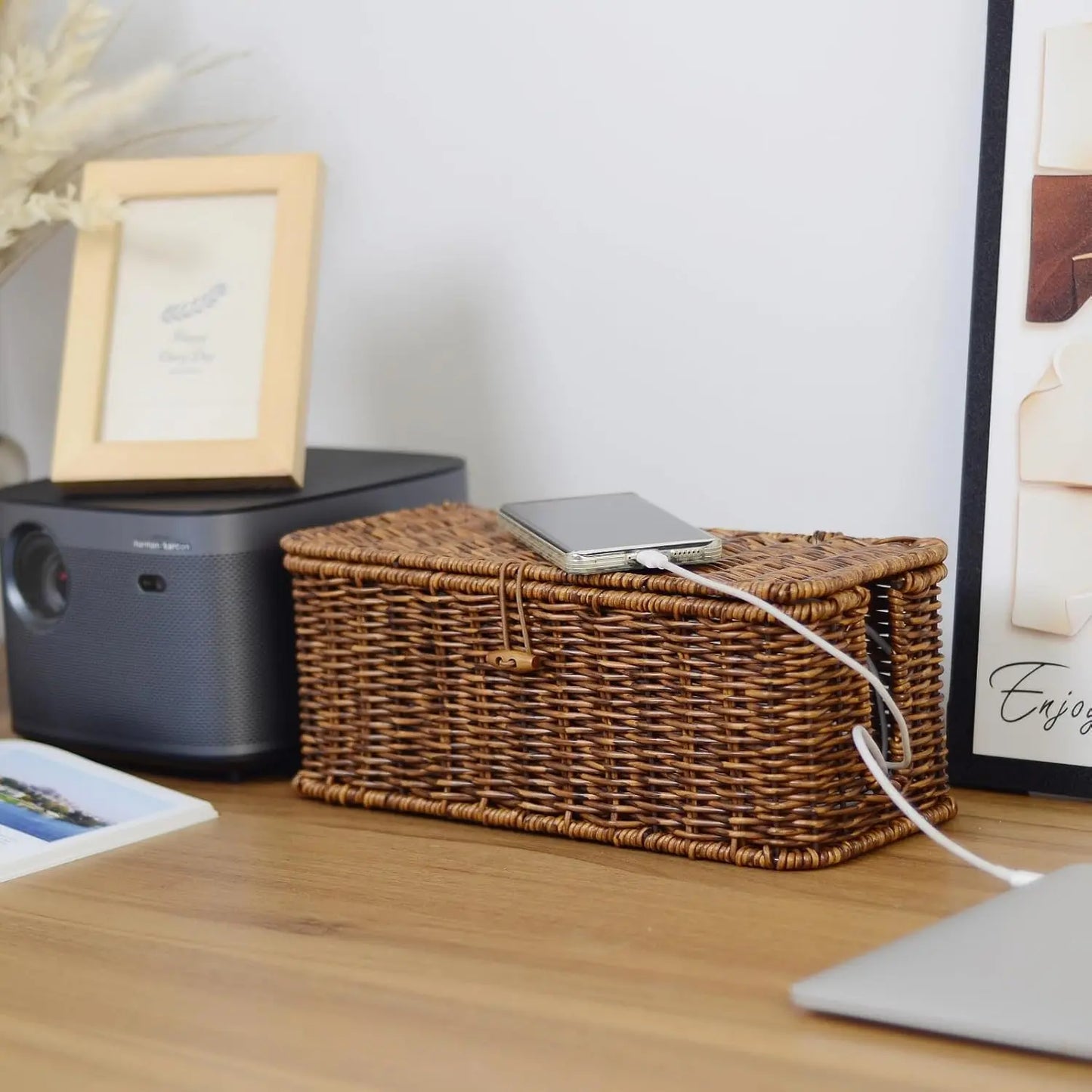 Rattan-Inspired Cord Organizer for Desk - Faux Brown Outlet Cover and Room Organization Solution