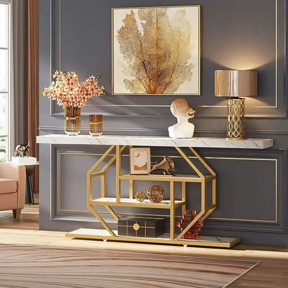 Tribesigns 70.9-Inch Extra Long Gold Console Table with Three Storage Shelves for Enhanced Home Organization