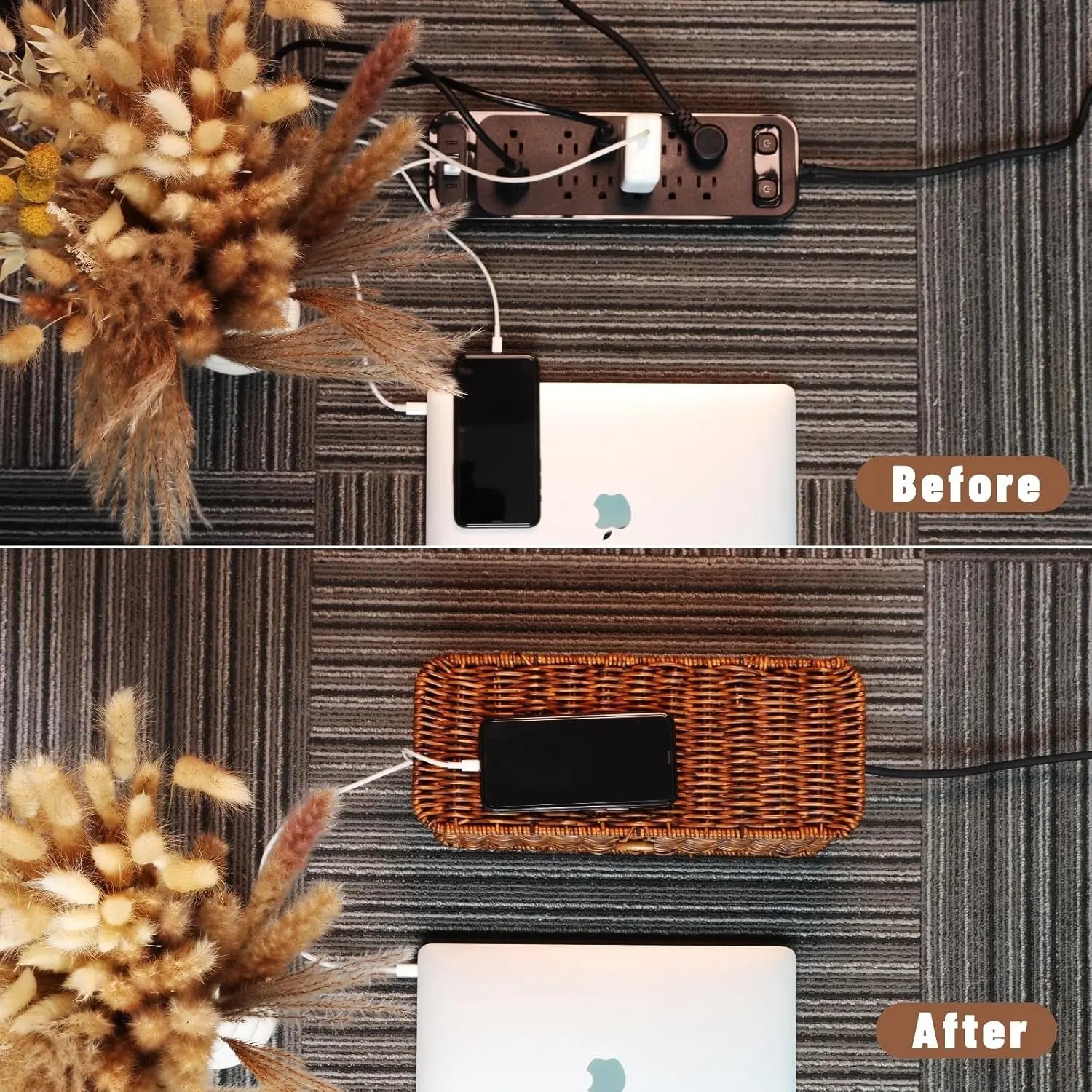 Rattan-Inspired Cord Organizer for Desk - Faux Brown Outlet Cover and Room Organization Solution