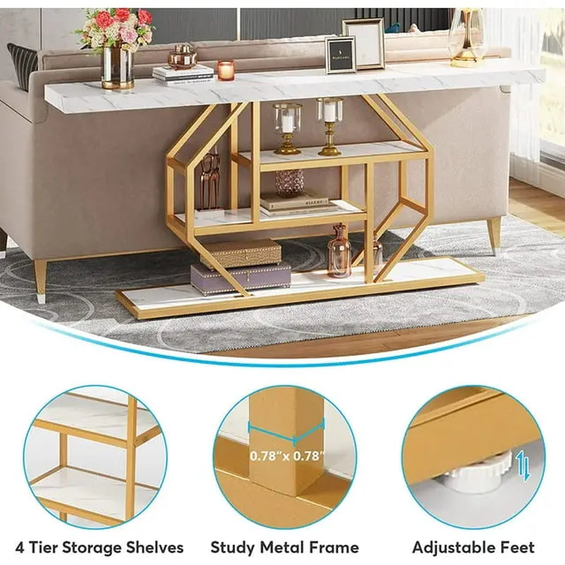 Tribesigns 70.9-Inch Extra Long Gold Console Table with Three Storage Shelves for Enhanced Home Organization