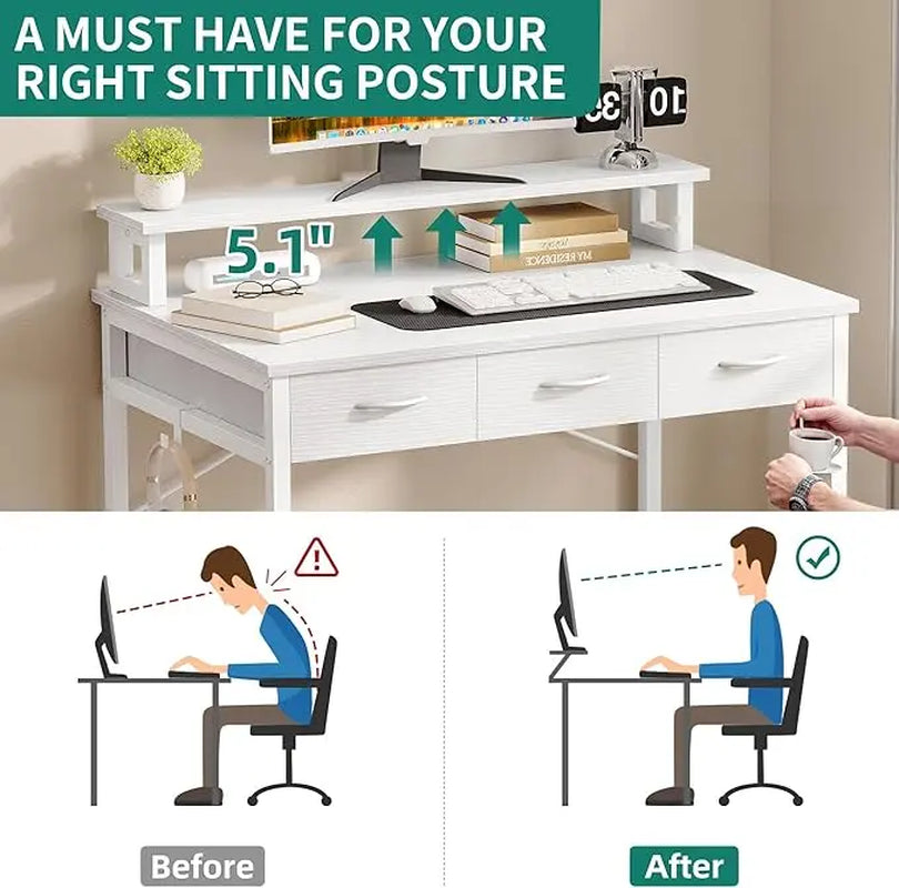 Yitahome Compact Computer Desk with Storage Drawers and Monitor Stand for Limited Spaces, Ideal for Home Office and Study Use