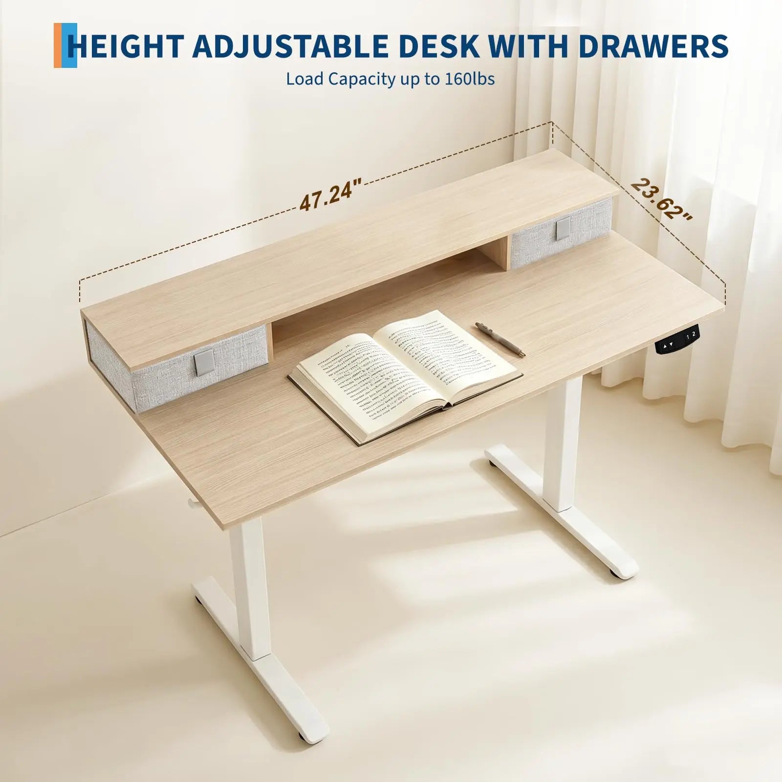 Electric Height Adjustable Standing Desk with Monitor Stand and Storage Drawers, 48"x24", Motorized Sit-Stand Home Office Desk, Durable Steel Frame and Elegant Wooden Top for Remote Work and Studio Use