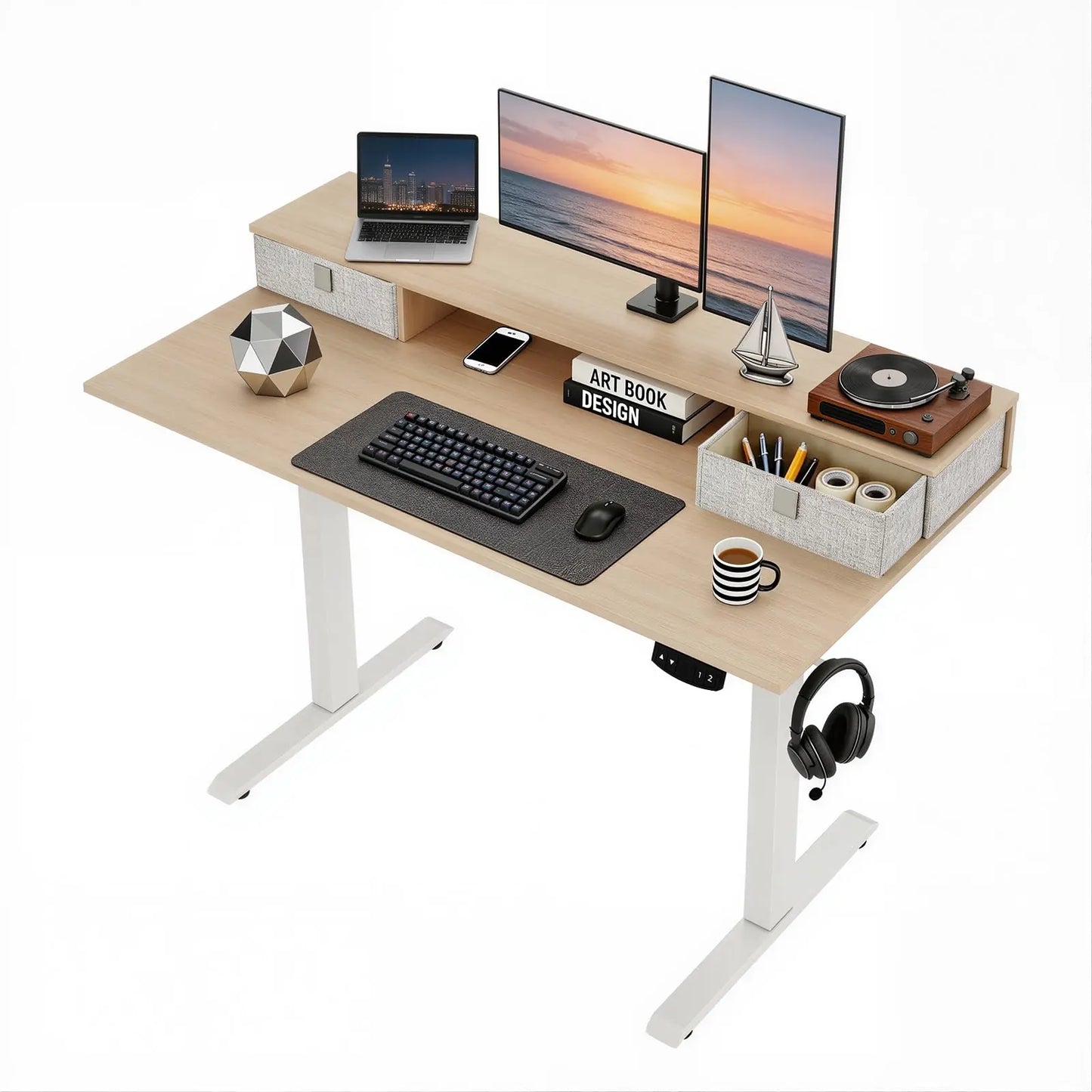 Electric Height Adjustable Standing Desk with Monitor Stand and Storage Drawers, 48"x24", Motorized Sit-Stand Home Office Desk, Durable Steel Frame and Elegant Wooden Top for Remote Work and Studio Use