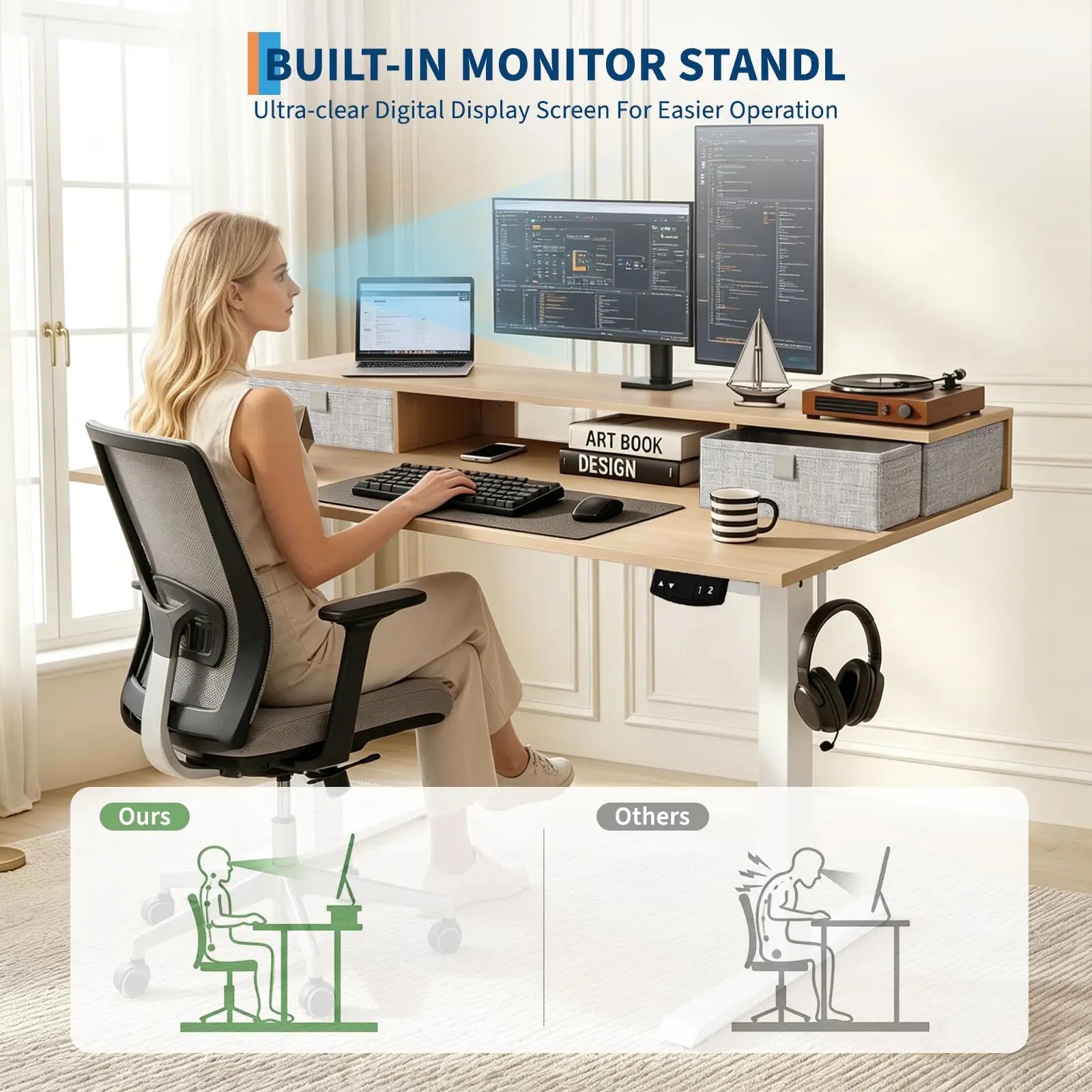 Electric Height Adjustable Standing Desk with Monitor Stand and Storage Drawers, 48"x24", Motorized Sit-Stand Home Office Desk, Durable Steel Frame and Elegant Wooden Top for Remote Work and Studio Use
