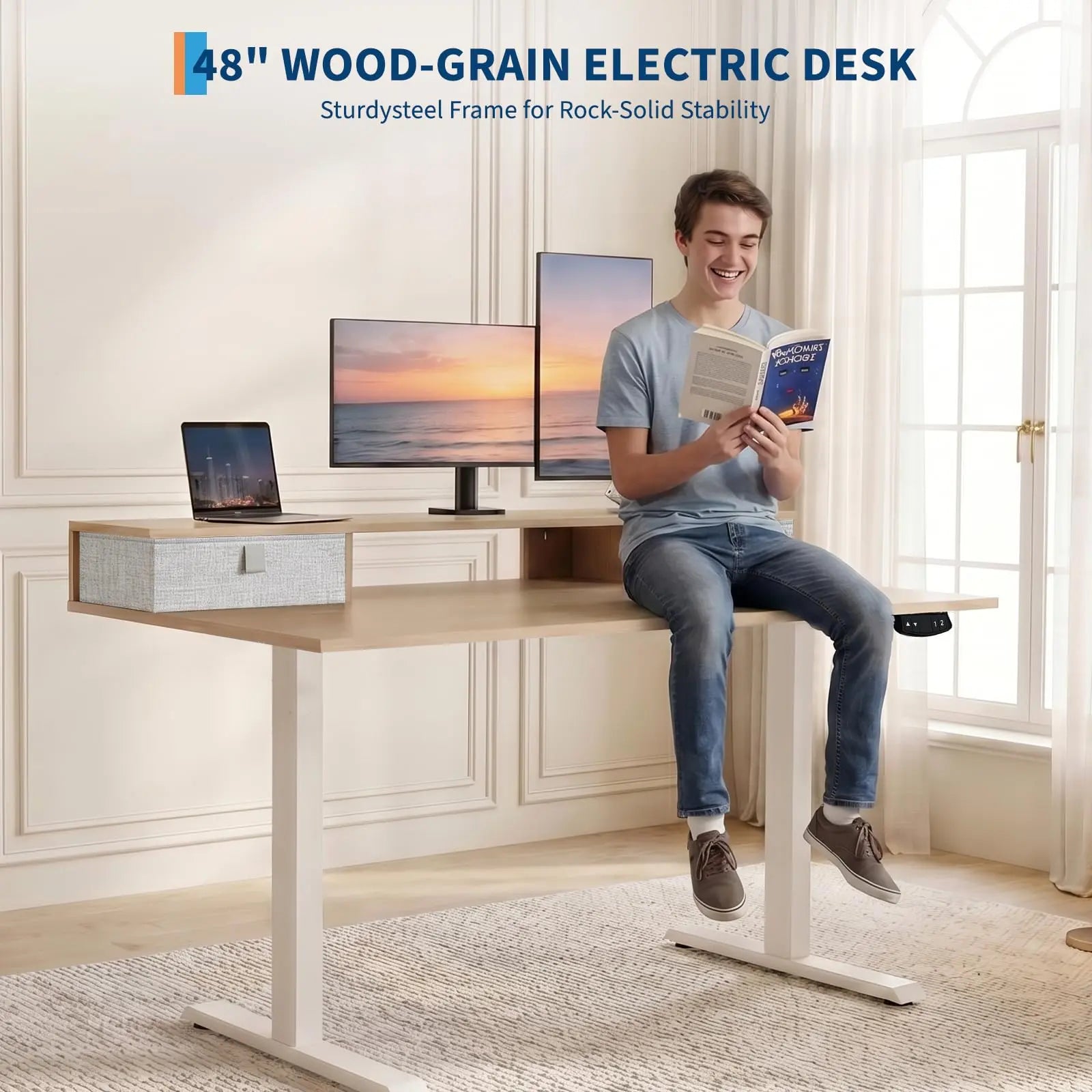 Electric Height Adjustable Standing Desk with Monitor Stand and Storage Drawers, 48"x24", Motorized Sit-Stand Home Office Desk, Durable Steel Frame and Elegant Wooden Top for Remote Work and Studio Use