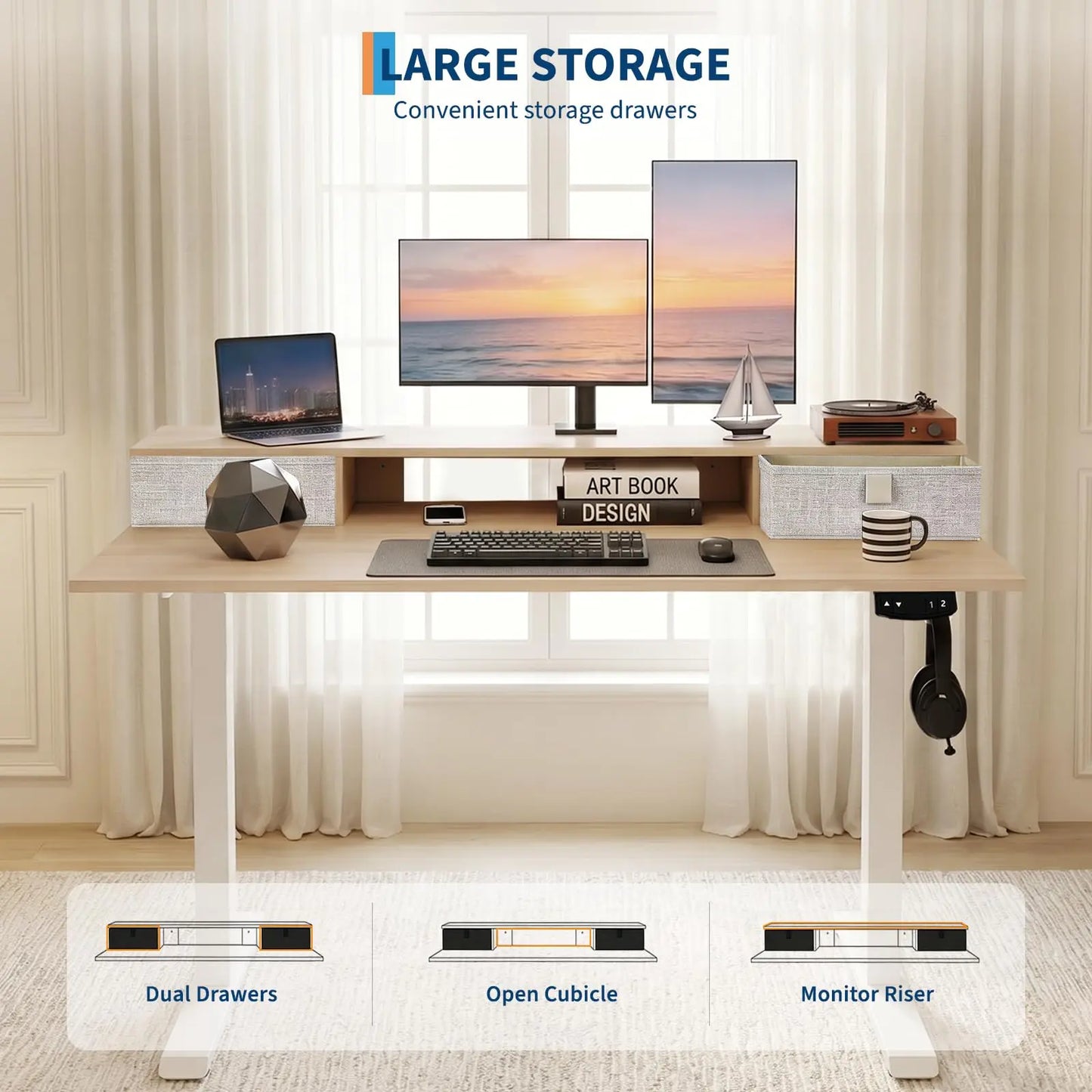 Electric Height Adjustable Standing Desk with Monitor Stand and Storage Drawers, 48"x24", Motorized Sit-Stand Home Office Desk, Durable Steel Frame and Elegant Wooden Top for Remote Work and Studio Use