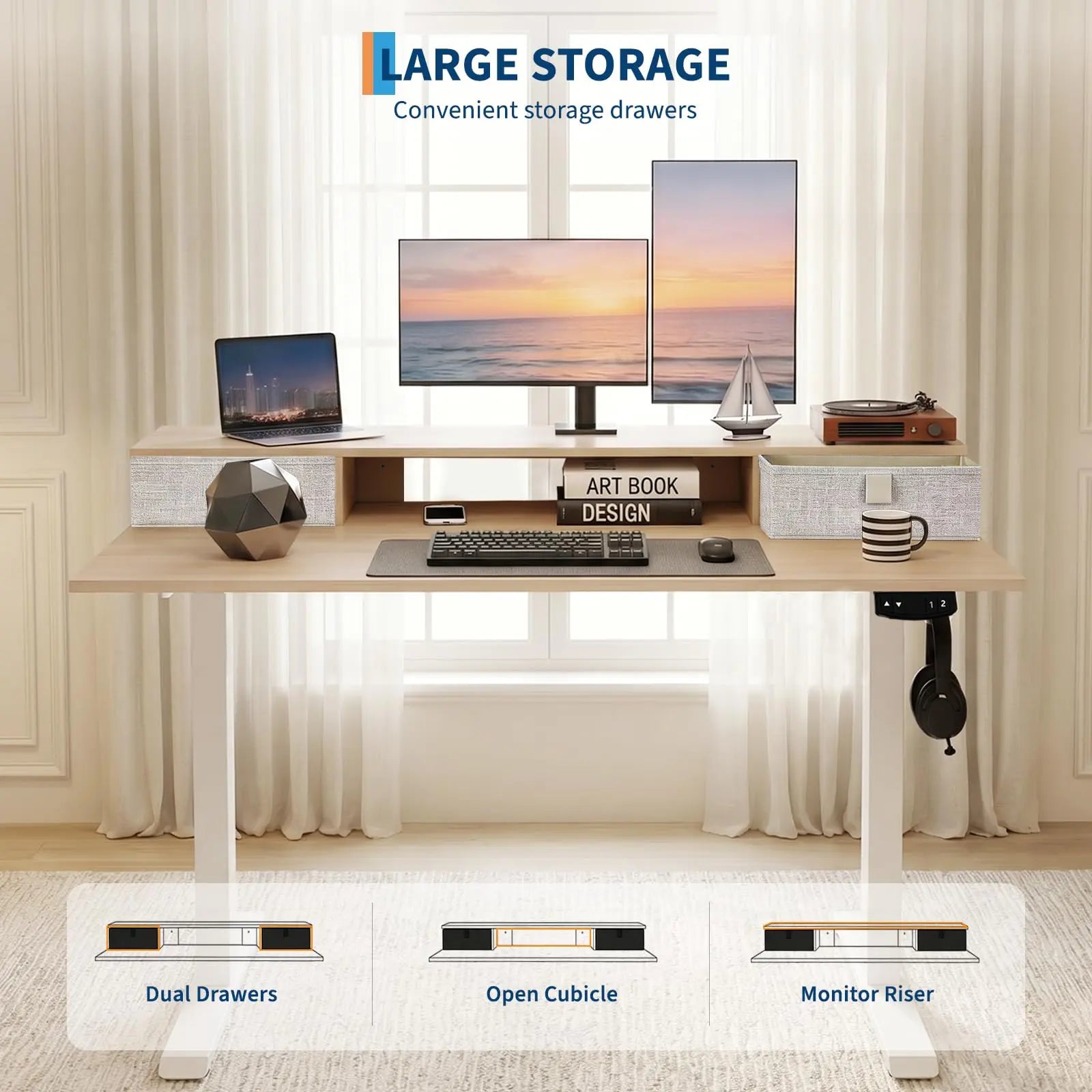 Electric Height Adjustable Standing Desk with Monitor Stand and Storage Drawers, 48"x24", Motorized Sit-Stand Home Office Desk, Durable Steel Frame and Elegant Wooden Top for Remote Work and Studio Use