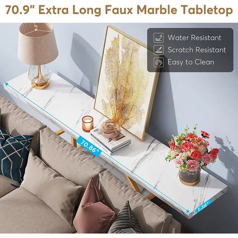 Tribesigns 70.9-Inch Extra Long Gold Console Table with Three Storage Shelves for Enhanced Home Organization