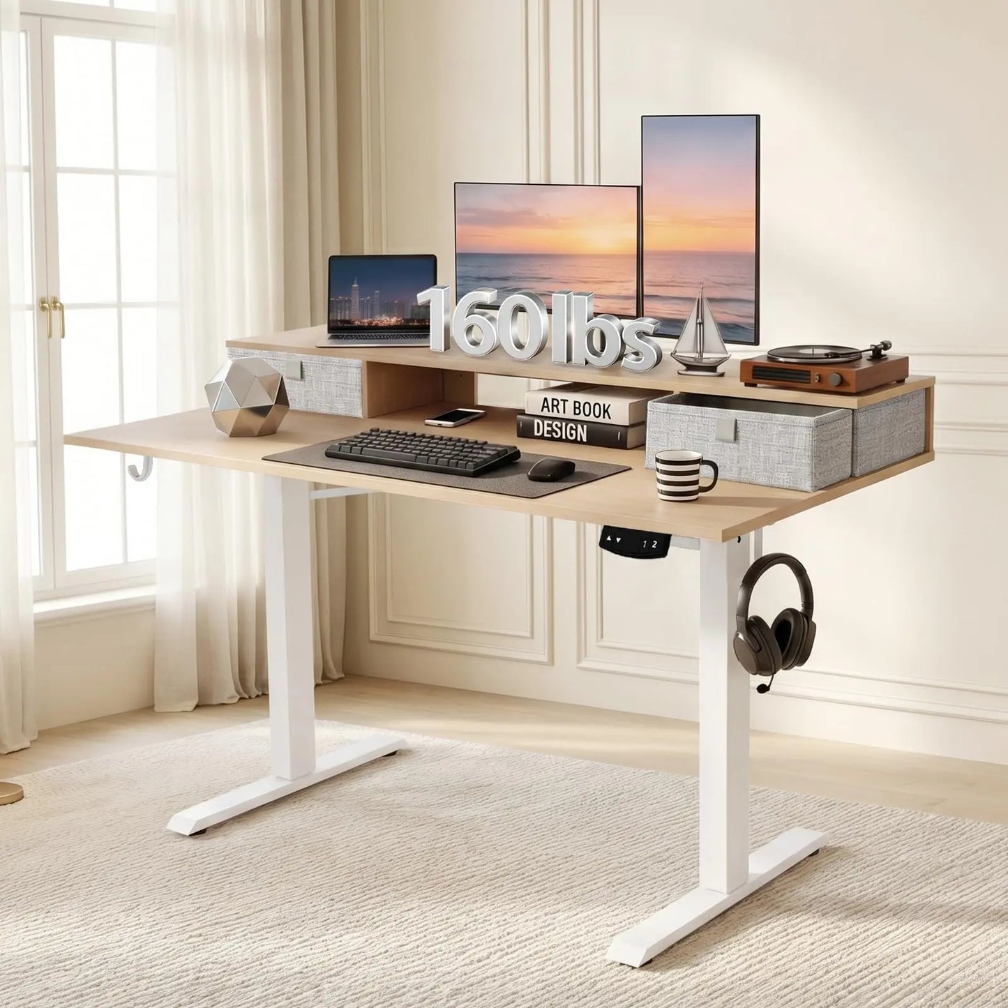 Electric Height Adjustable Standing Desk with Monitor Stand and Storage Drawers, 48"x24", Motorized Sit-Stand Home Office Desk, Durable Steel Frame and Elegant Wooden Top for Remote Work and Studio Use