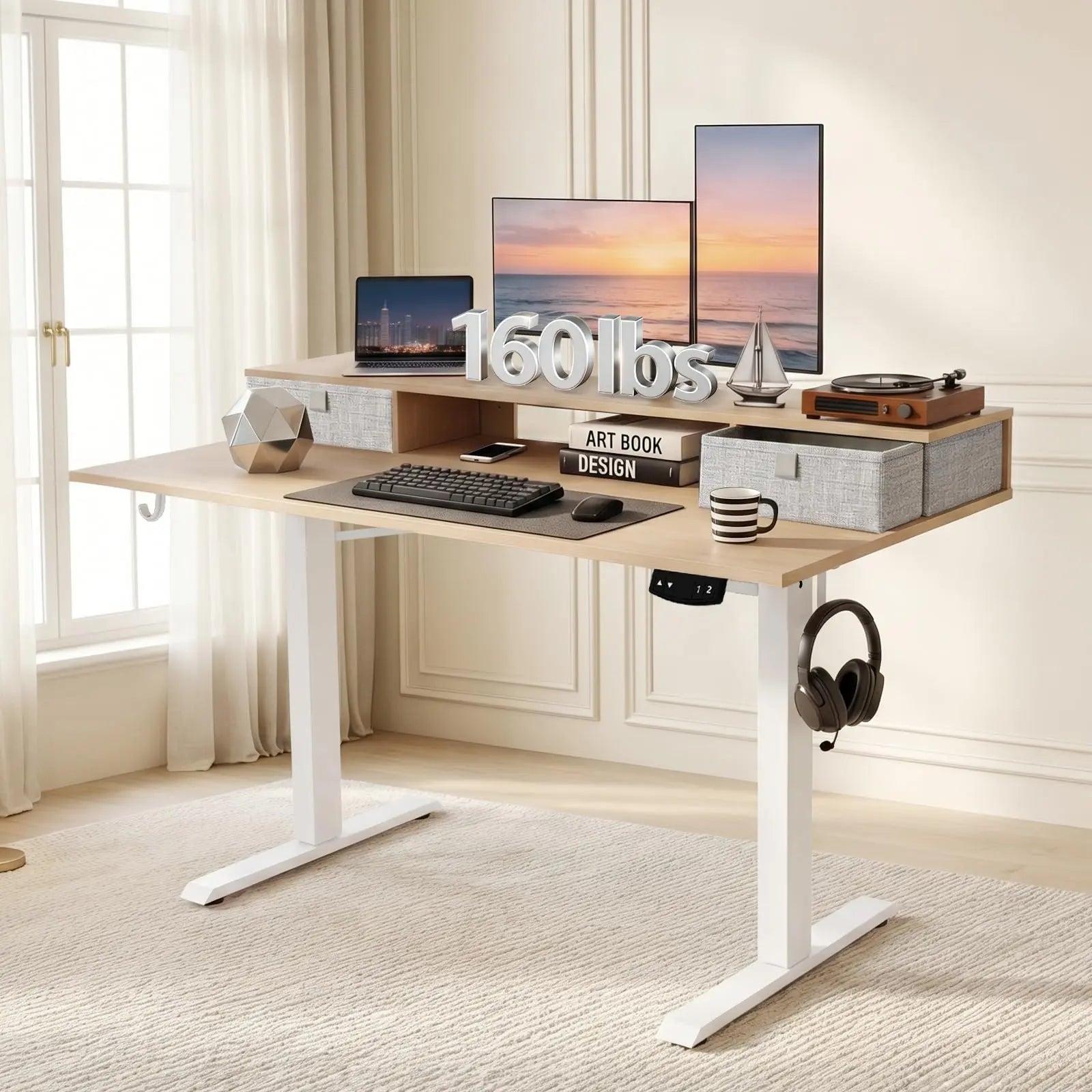Electric Height Adjustable Standing Desk with Monitor Stand and Storage Drawers, 48"x24", Motorized Sit-Stand Home Office Desk, Durable Steel Frame and Elegant Wooden Top for Remote Work and Studio Use