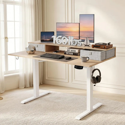 Electric Height Adjustable Standing Desk with Monitor Stand and Storage Drawers, 48"x24", Motorized Sit-Stand Home Office Desk, Durable Steel Frame and Elegant Wooden Top for Remote Work and Studio Use